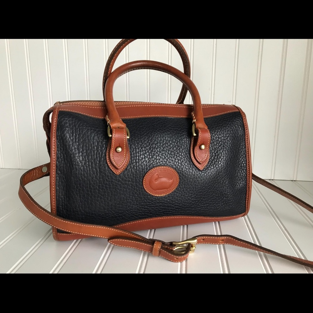 Navy and Brown Leather Handbag. Pics show use. Vintage lovers dream.